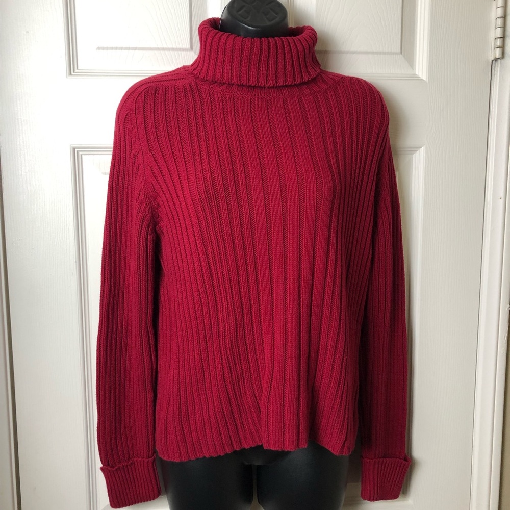 COLUMBIA Sportswear Red Turtleneck Sweater rib-knit w/long cuff sleeves Sz Large